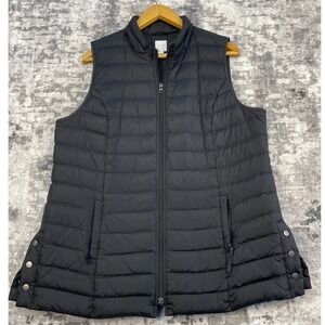 J Jill Puffer Vest Womens Large Petite Black Quilted Zip Up Long Side Snap Vents